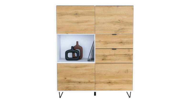 Vladon Highboard Marino V1 (Highboard mit 4 Tür Eiche Evoke, 2 Schubladen Eiche Evoke, Made in Germany), Korpus Weiß matt (103 x 125,5 x 37 cm) von Vladon