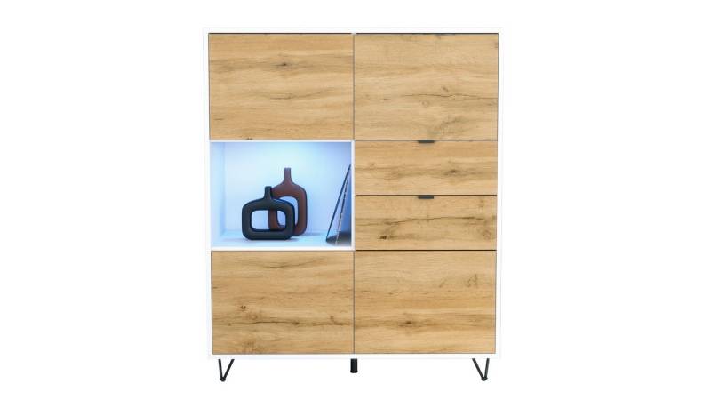 Vladon Highboard Marino (Highboard mit 4 Tür Eiche Evoke, 2 Schubladen Eiche Evoke, inkl. LED, Made in Germany), Korpus Weiß matt (103 x 125,5 x 37 cm) von Vladon