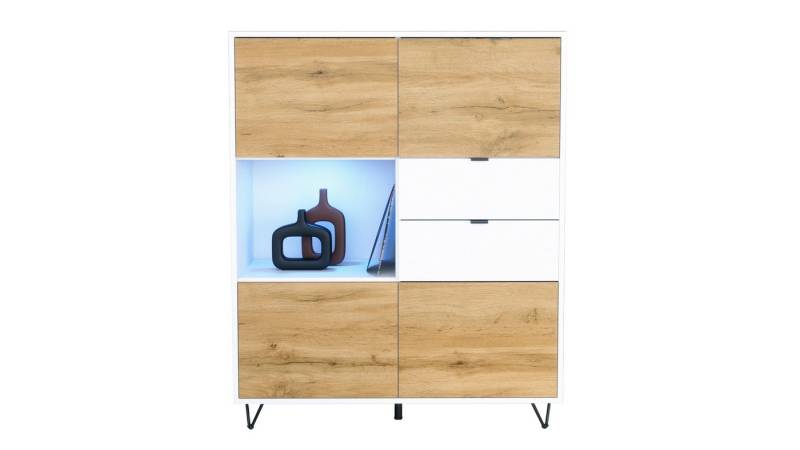 Vladon Highboard Marino (Highboard mit 4 Tür Eiche Evoke, 2 Schubladen Weiß matt, inkl. LED, Made in Germany), Korpus Weiß matt (103 x 125,5 x 37 cm) von Vladon