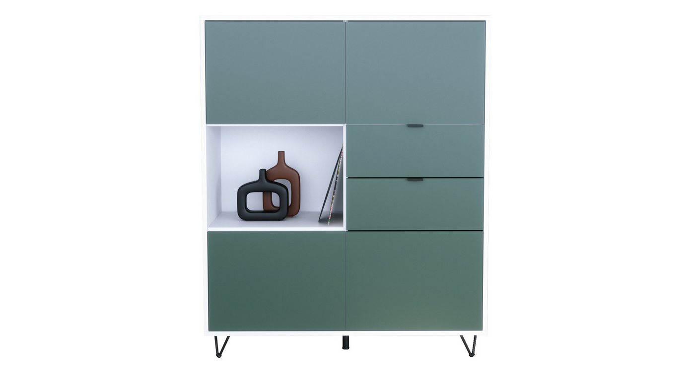 Vladon Highboard Marino V1 (Highboard mit 4 Tür Fjord Grün, 2 Schubladen Fjord Grün, Made in Germany), Korpus Weiß matt (103 x 125,5 x 37 cm) von Vladon