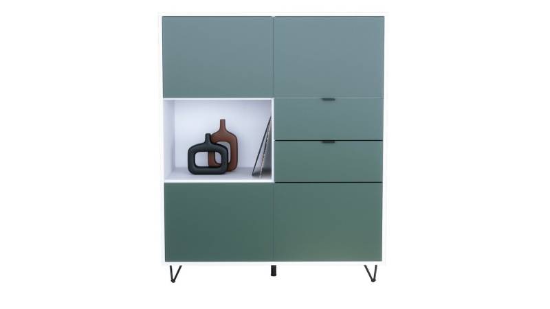 Vladon Highboard Marino V1 (Highboard mit 4 Tür Fjord Grün, 2 Schubladen Fjord Grün, Made in Germany), Korpus Weiß matt (103 x 125,5 x 37 cm) von Vladon