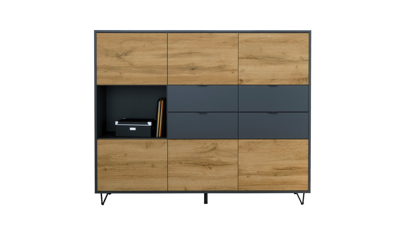 Vladon Highboard Marino V2 (Highboard mit 6 Türen Eiche Evoke, 4 Schubladen Anthrazit matt, Made in Germany), Korpus Anthrazit matt (152,5 x 125,5 x 37 cm) von Vladon