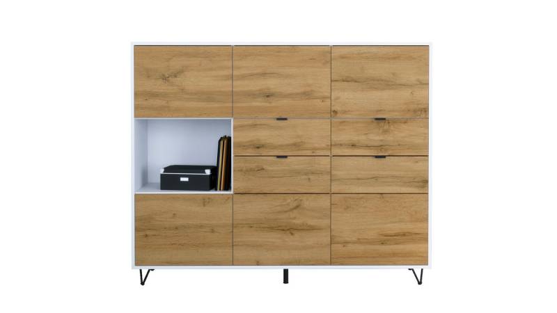 Vladon Highboard Marino V2 (Highboard mit 6 Türen Eiche Evoke, 4 Schubladen Eiche Evoke, Made in Germany), Korpus Weiß matt (152,5 x 125,5 x 37 cm) von Vladon