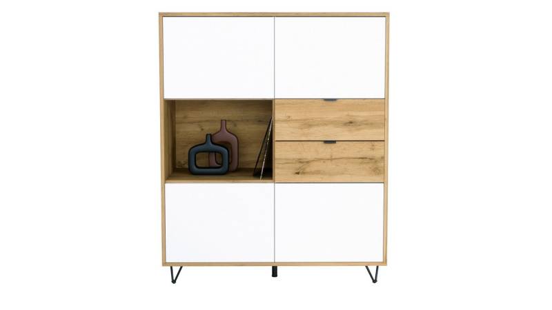 Vladon Highboard Marino V1 (Highboard mit 4 Tür Weiß matt, 2 Schubladen Eiche Evoke, Made in Germany), Korpus Eiche Evoke (103 x 125,5 x 37 cm) von Vladon