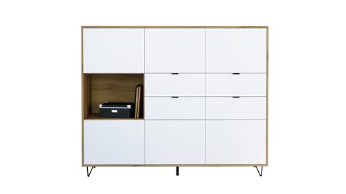 Vladon Highboard Marino V2, Sideboard mit 6 Türen Weiß matt und 4 Schubladen Weiß matt, Made in Germany, Korpus Eiche Evoke (152,5 x 125,5 x 37 cm) von Vladon