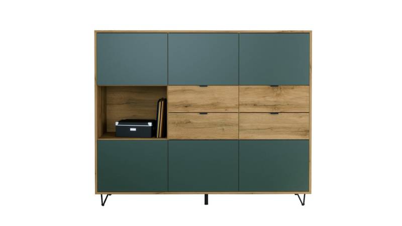 Vladon Highboard Marino V2 (Highboard mit 6 Türen Fjord Grün, 4 Schubladen Eiche Evoke, Made in Germany), Korpus Eiche Evoke (152,5 x 125,5 x 37 cm) von Vladon