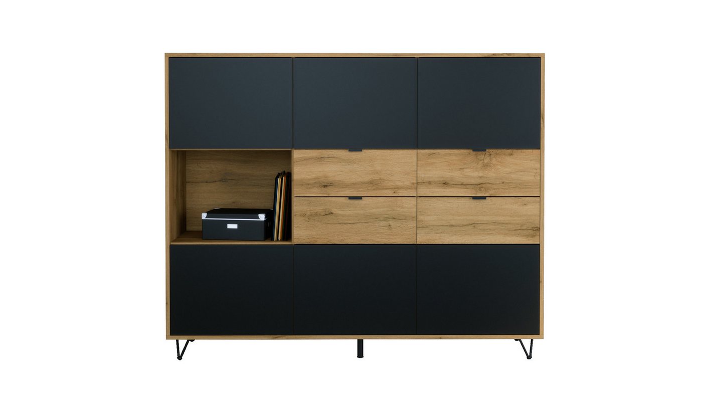 Vladon Highboard Marino V2 (Highboard mit 6 Türen Schwarz matt, 4 Schubladen Eiche Evoke, Made in Germany), Korpus Eiche Evoke (152,5 x 125,5 x 37 cm) von Vladon