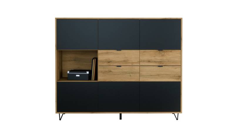 Vladon Highboard Marino V2 (Highboard mit 6 Türen Schwarz matt, 4 Schubladen Eiche Evoke, Made in Germany), Korpus Eiche Evoke (152,5 x 125,5 x 37 cm) von Vladon