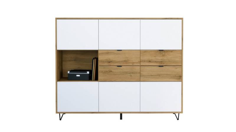 Vladon Highboard Marino V2 (Highboard mit 6 Türen Weiß matt, 4 Schubladen Eiche Evoke, Made in Germany), Korpus Eiche Evoke (152,5 x 125,5 x 37 cm) von Vladon