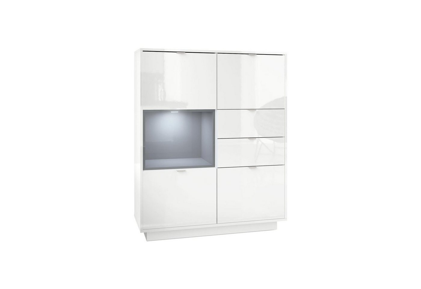 Vladon Highboard Metro (Highboard, mit 4 Türen, 2 Schubladen und 1 offenem Fach), Weiß Hochglanz/Grau Hochglanz inkl. LED Beleuchtung (103x123x38 cm) von Vladon