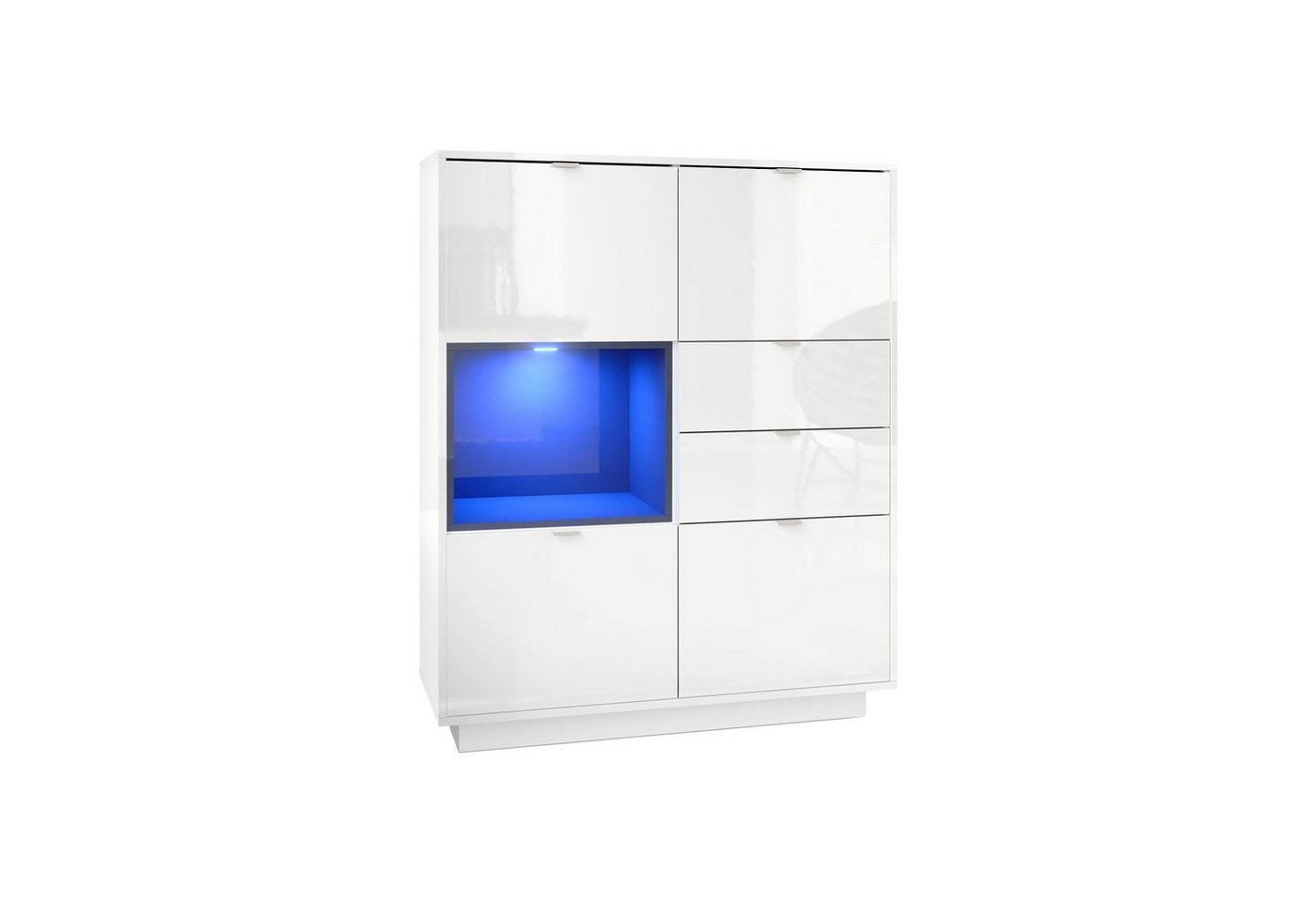 Vladon Highboard Metro (Highboard, mit 4 Türen, 2 Schubladen und 1 offenem Fach), Weiß Hochglanz/Schwarz Hochglanz inkl. LED Beleuchtung (103x123x38 cm) von Vladon