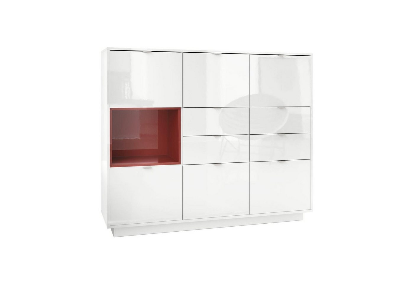 Vladon Highboard Metro (Highboard, mit 6 Türen, 4 Schubladen und 1 offenem Fach), Weiß Hochglanz/Bordeaux Hochglanz (153 x 123 x 38 cm) von Vladon