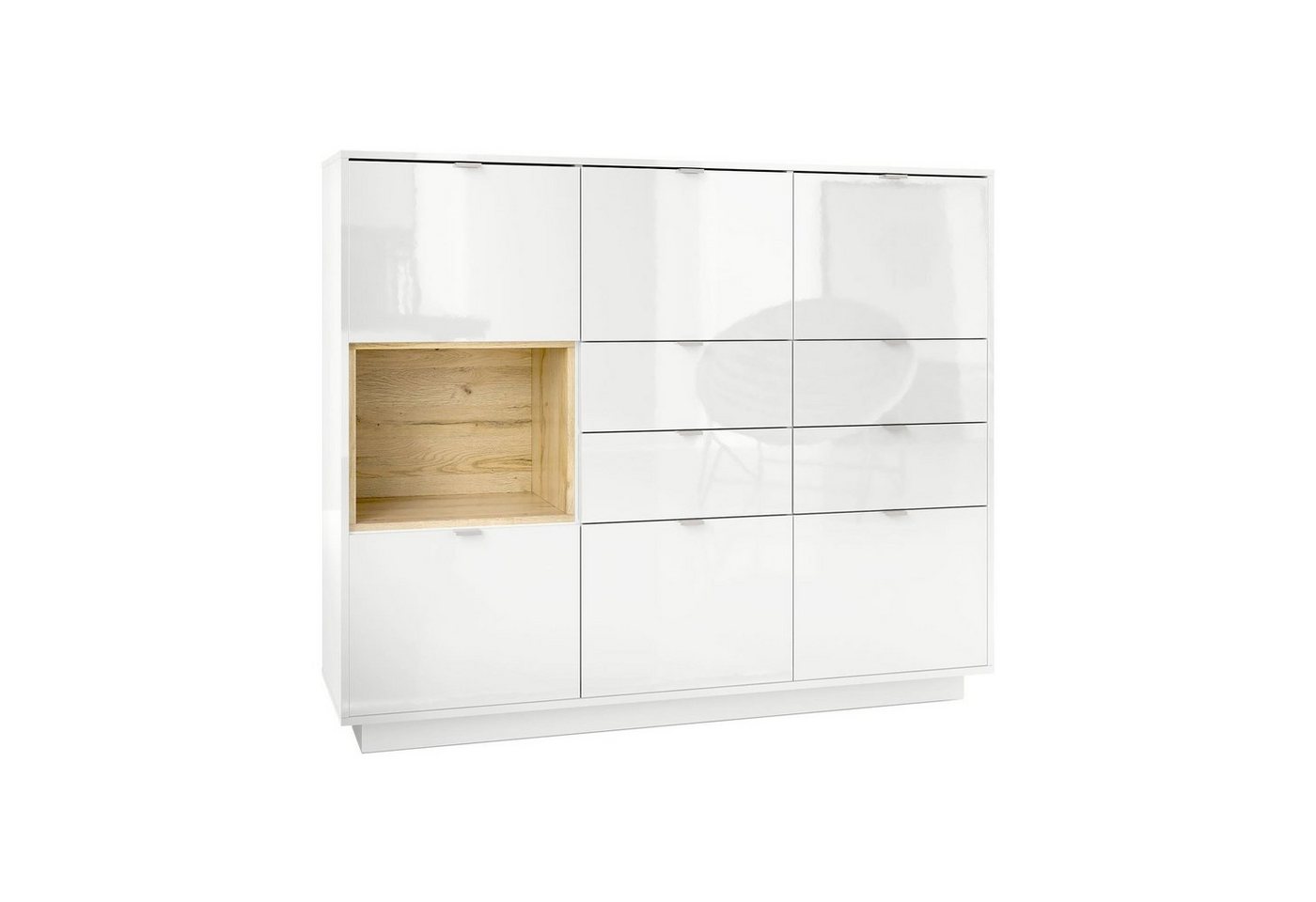 Vladon Highboard Metro V2 (Highboard, mit 6 Türen, 4 Schubladen und 1 offenem Fach), Weiß Hochglanz/Eiche Natur (153 x 123 x 38 cm) von Vladon