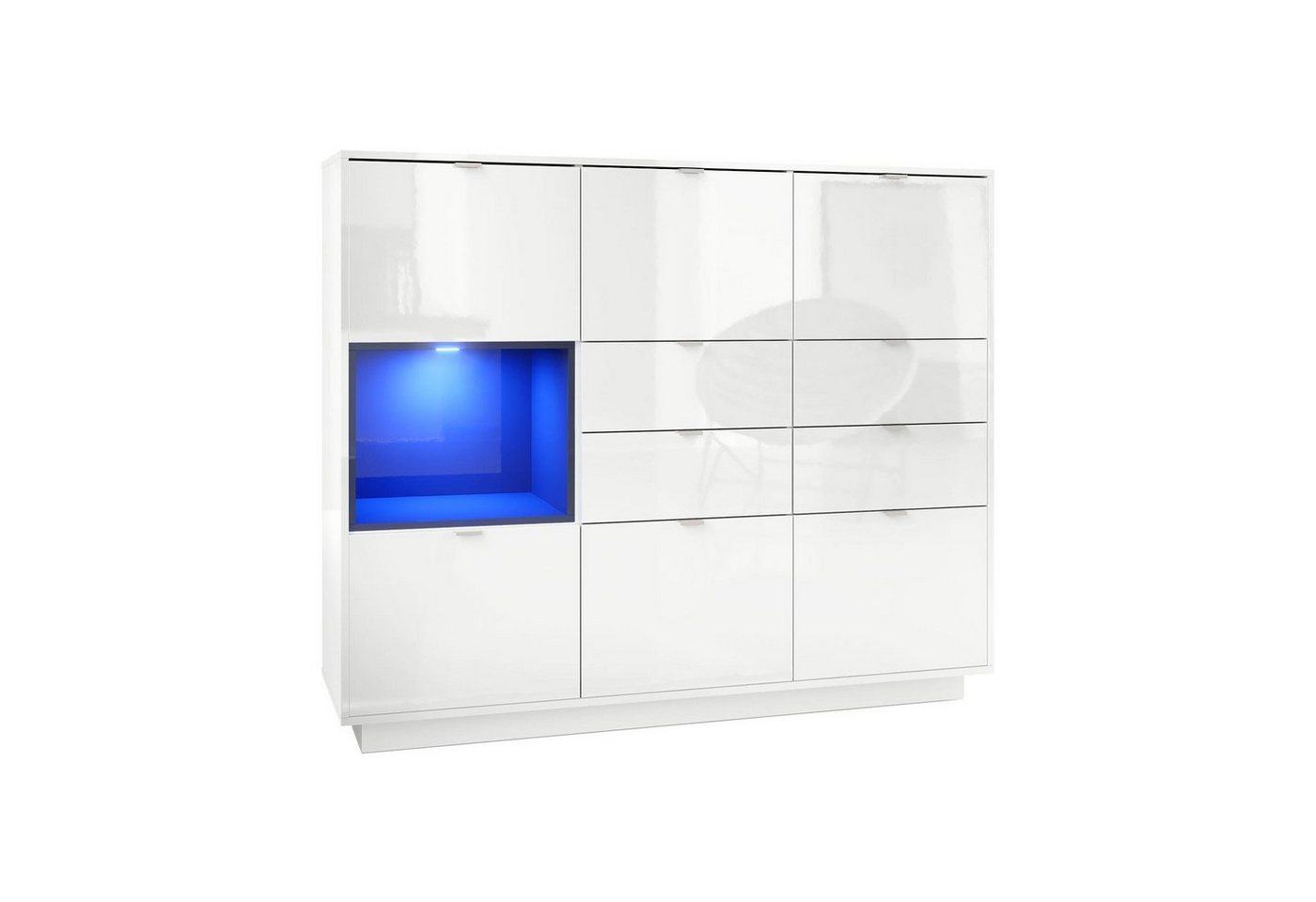 Vladon Highboard Metro (Highboard, mit 6 Türen, 4 Schubladen und 1 offenem Fach), Weiß Hochglanz/Schwarz Hochglanz inkl. LED Beleuchtung (153x123x38 cm) von Vladon