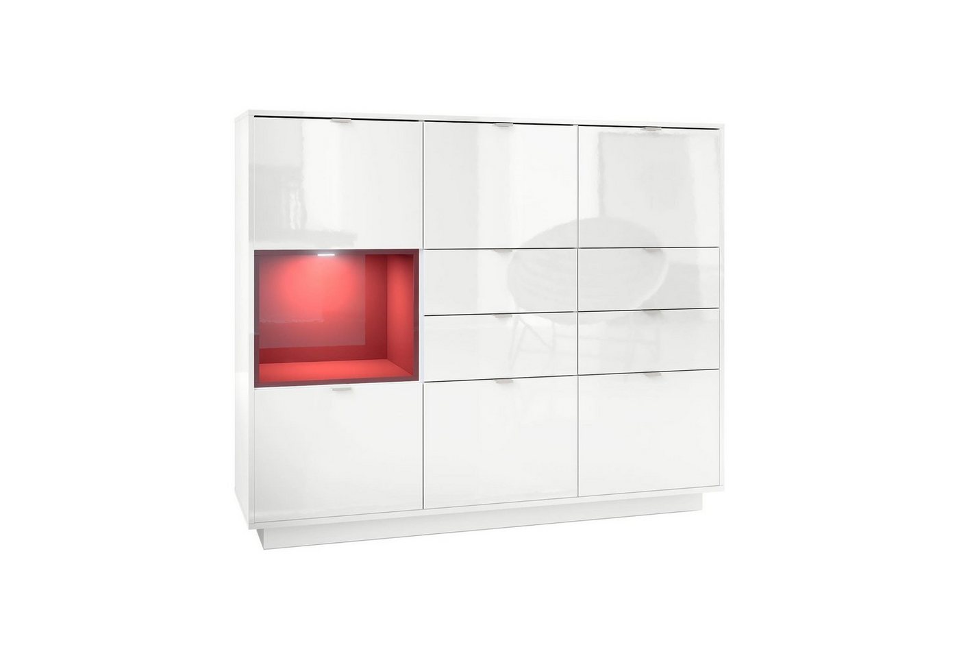 Vladon Highboard Metro (Highboard, mit 6 Türen, 4 Schubladen und 1 offenem Fach), Weiß glänzend/Bordeaux glänzend inkl. LED Beleuchtung (153x123x38 cm) von Vladon