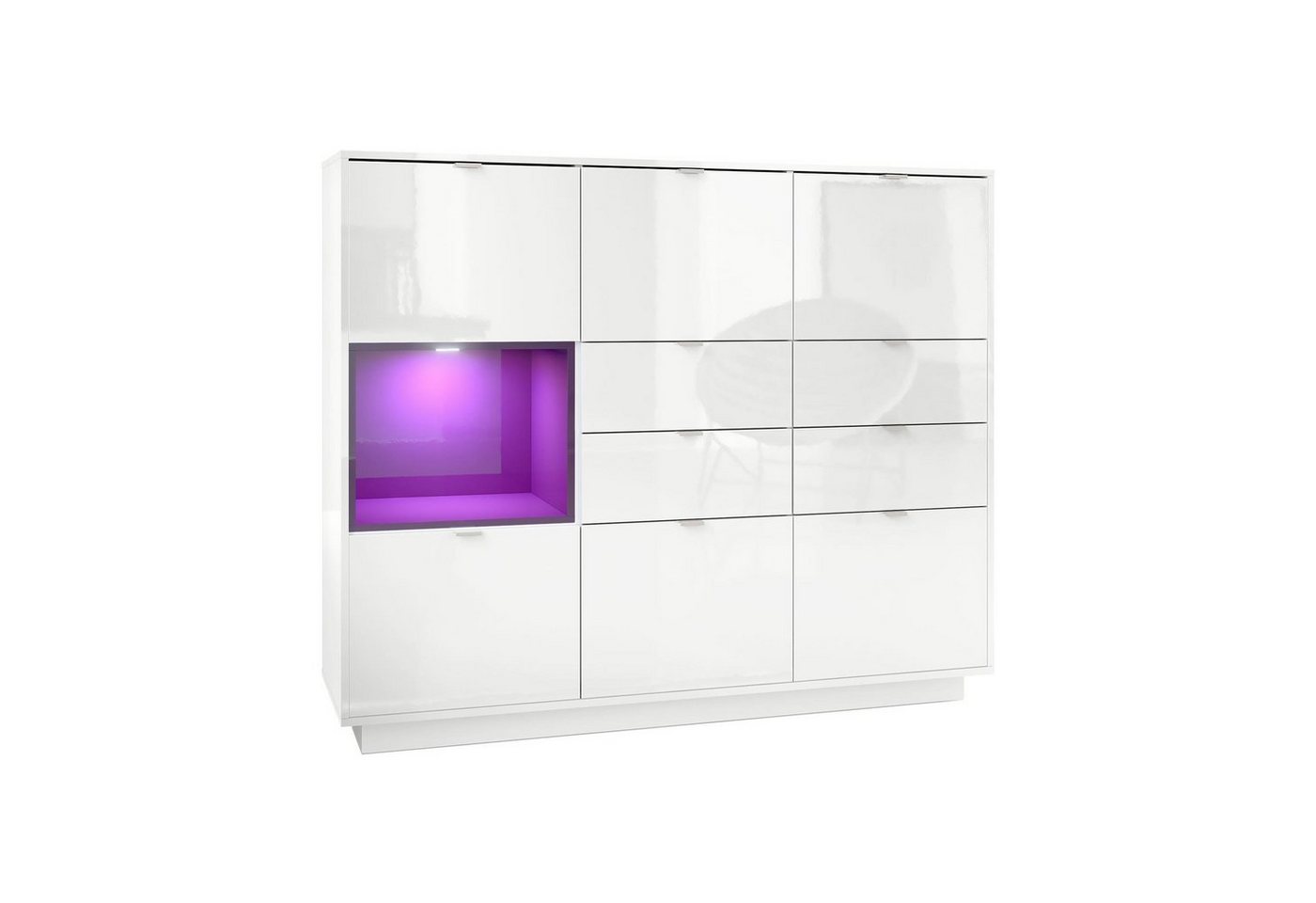 Vladon Highboard Metro (Highboard, mit 6 Türen, 4 Schubladen und 1 offenem Fach), Weiß glänzend/Brombeer glänzend inkl. LED Beleuchtung (153x123x38 cm) von Vladon