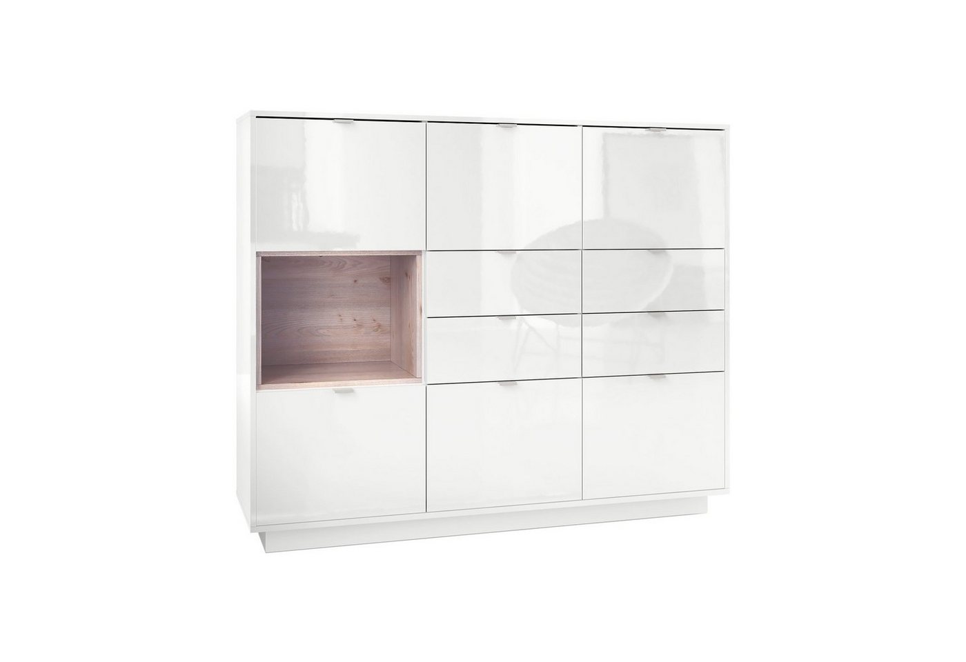 Vladon Highboard Metro V2 (Highboard, mit 6 Türen, 4 Schubladen und 1 offenem Fach), Weiß Hochglanz/Eiche Nordic (153 x 123 x 38 cm) von Vladon