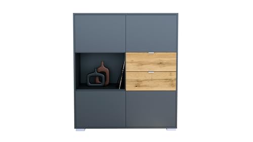 Vladon Highboard Milano, Sideboard mit 4 Türen Anthrazit matt und 2 Schubladen Eiche Evoke, Made in Germany, Korpus Anthrazit matt (103 x 118x 37 cm) von Vladon