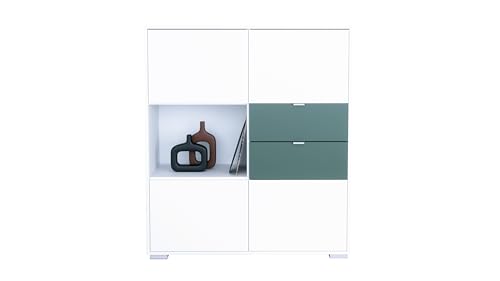 Vladon Highboard Milano, Sideboard mit 4 Türen Weiß matt und 2 Schubladen Fjord Grün, Made in Germany, Korpus Weiß matt (103 x 118x 37 cm) von Vladon
