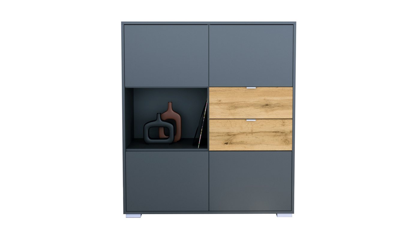 Vladon Highboard Milano V1 (Highboard mit 4 Tür Anthrazit matt, 2 Schubladen Eiche Evoke, Made in Germany), Korpus Anthrazit matt (103 x 118 x 37 cm) von Vladon