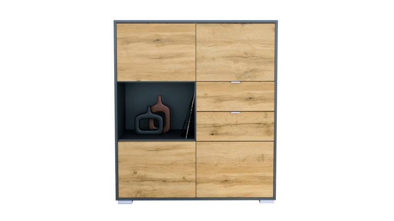 Vladon Highboard Milano V1 (Highboard mit 4 Tür Eiche Evoke, 2 Schubladen Eiche Evoke, Made in Germany), Korpus Anthrazit matt (103 x 118 x 37 cm) von Vladon
