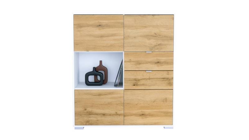 Vladon Highboard Milano V1 (Highboard mit 4 Tür Eiche Evoke, 2 Schubladen Eiche Evoke, Made in Germany), Korpus Weiß matt (103 x 118 x 37 cm) von Vladon
