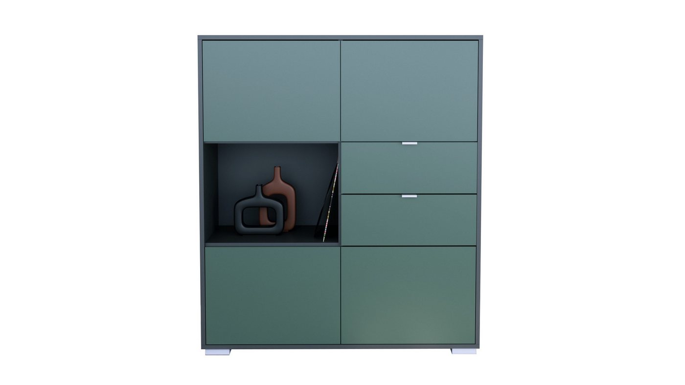 Vladon Highboard Milano V1 (Highboard mit 4 Tür Fjord Grün, 2 Schubladen Fjord Grün, Made in Germany), Korpus Anthrazit matt (103 x 118 x 37 cm) von Vladon