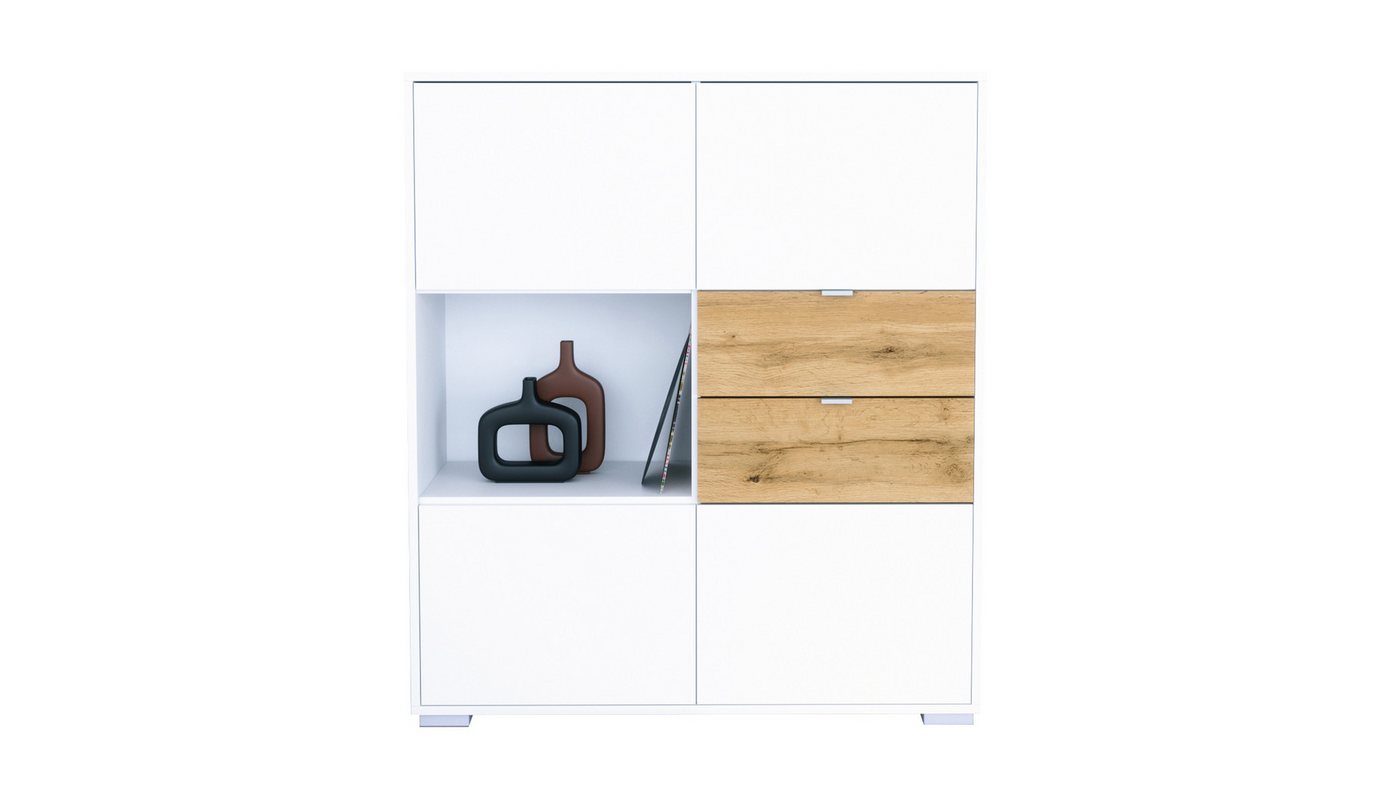 Vladon Highboard Milano (Highboard mit 4 Tür Weiß matt, 2 Schubladen Eiche Evoke, Made in Germany), Korpus Weiß matt (103 x 118 x 37 cm) von Vladon