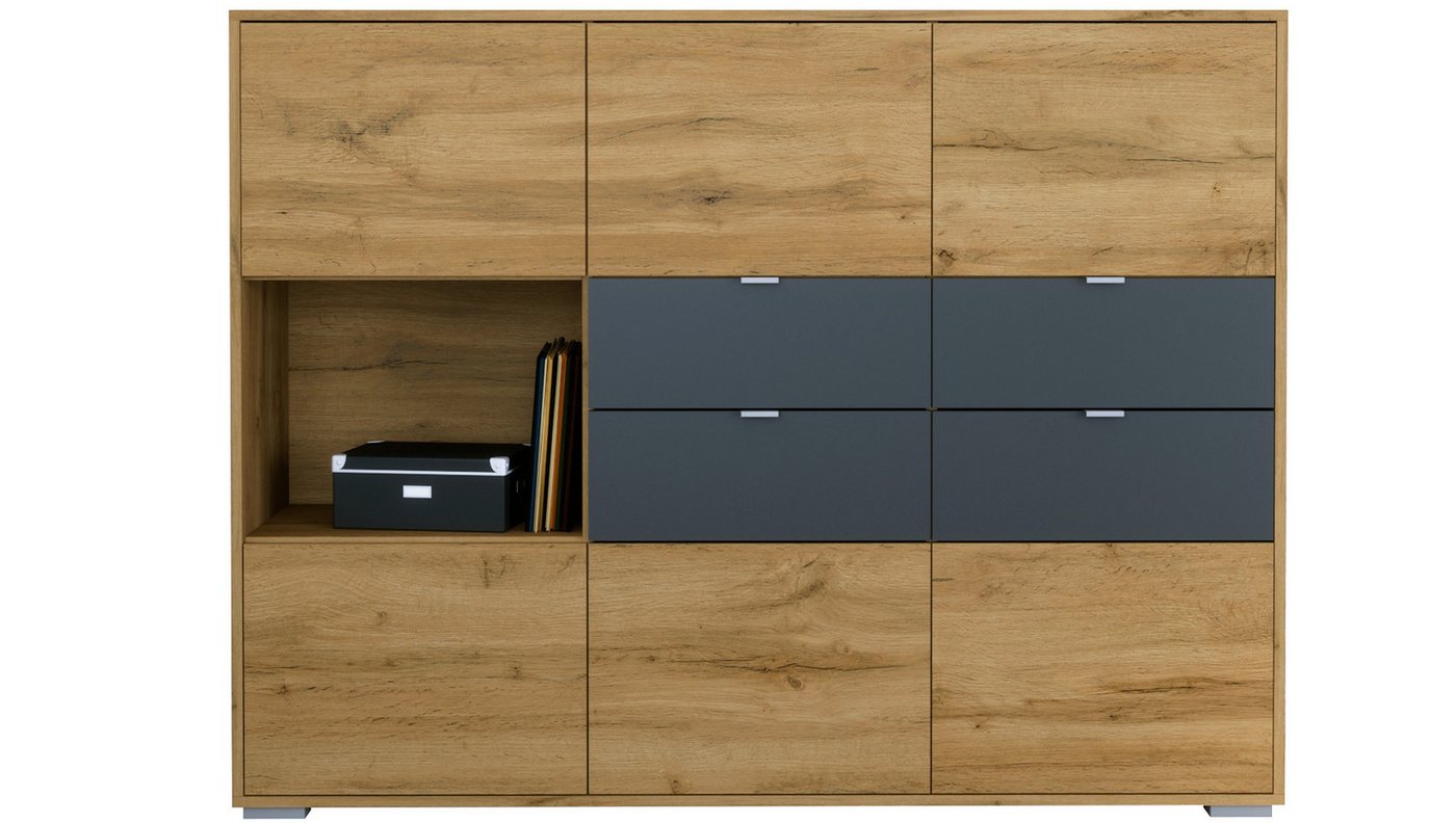Vladon Highboard Milano (Highboard mit 6 Türen Eiche Evoke, 4 Schubladen Anthrazit matt, Made in Germany), Korpus Eiche Evoke (152,5 x 118 x 37 cm) von Vladon