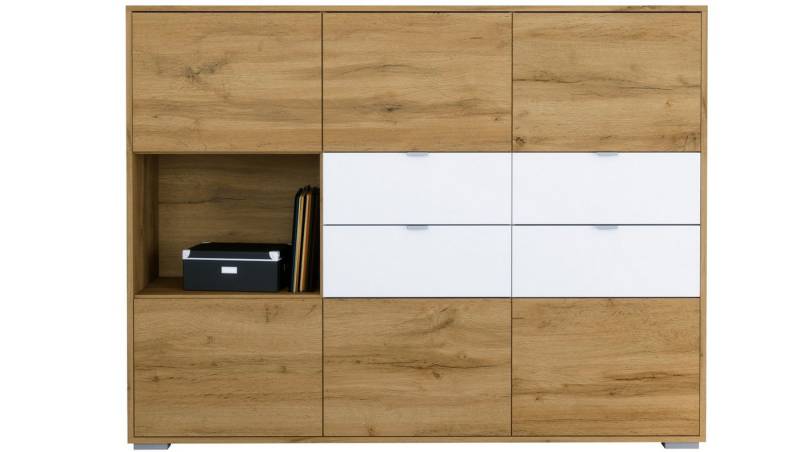 Vladon Highboard Milano (Highboard mit 6 Türen Eiche Evoke, 4 Schubladen Weiß matt, Made in Germany), Korpus Eiche Evoke (152,5 x 118 x 37 cm) von Vladon