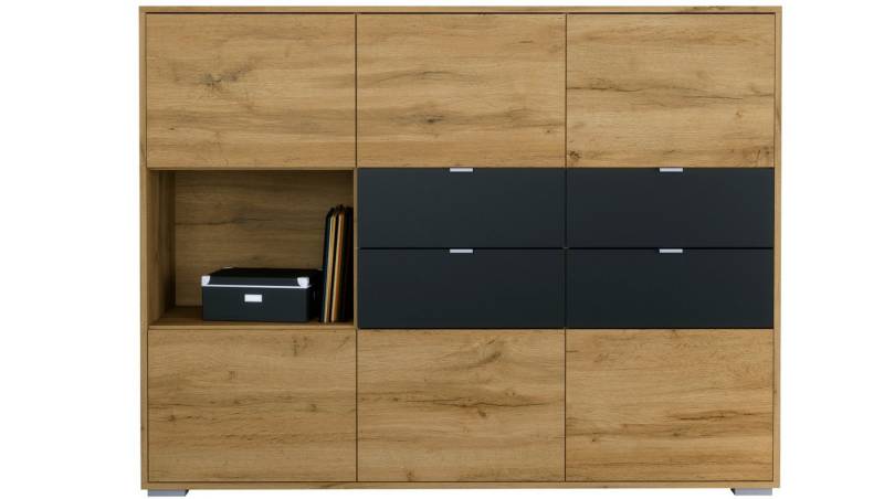Vladon Highboard Milano (Highboard mit 6 Türen Schwarz matt, 4 Schubladen Eiche Evoke, Made in Germany), Korpus Eiche Evoke (152,5 x 118 x 37 cm) von Vladon