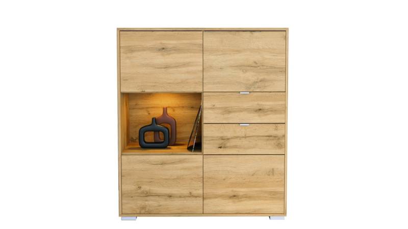 Vladon Highboard Milano V1 (Highboard mit 4 Tür Eiche Evoke, 2 Schubladen Eiche Evoke, inkl. LED, Made in Germany), Korpus Eiche Evoke (103 x 118 x 37 cm) von Vladon