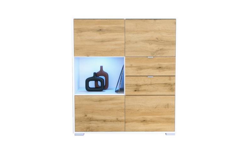 Vladon Highboard Milano V1 (Highboard mit 4 Tür Eiche Evoke, 2 Schubladen Eiche Evoke, inkl. LED, Made in Germany), Korpus Weiß matt (103 x 118 x 37 cm) von Vladon