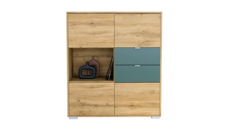 Vladon Highboard Milano V1 (Highboard mit 4 Tür Eiche Evoke, 2 Schubladen Fjord Grün, Made in Germany), Korpus Eiche Evoke (103 x 118 x 37 cm) von Vladon