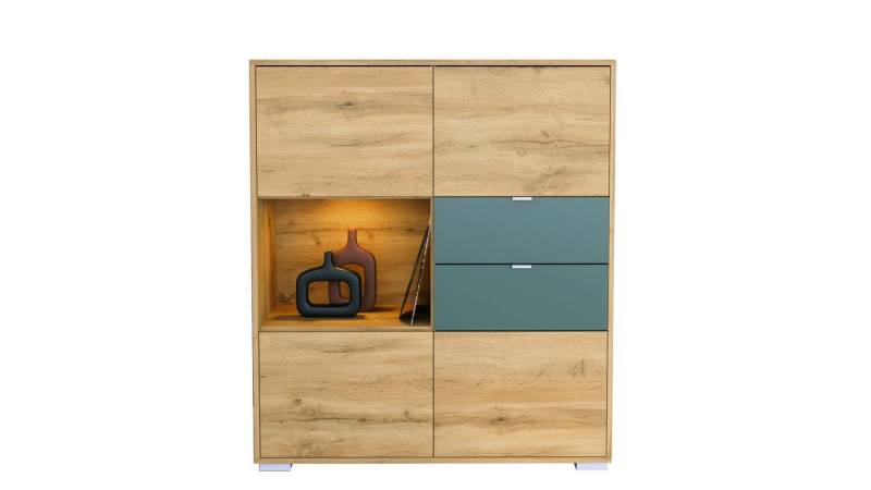 Vladon Highboard Milano V1 (Highboard mit 4 Tür Eiche Evoke, 2 Schubladen Fjord Grün, inkl. LED, Made in Germany), Korpus Eiche Evoke (103 x 118 x 37 cm) von Vladon