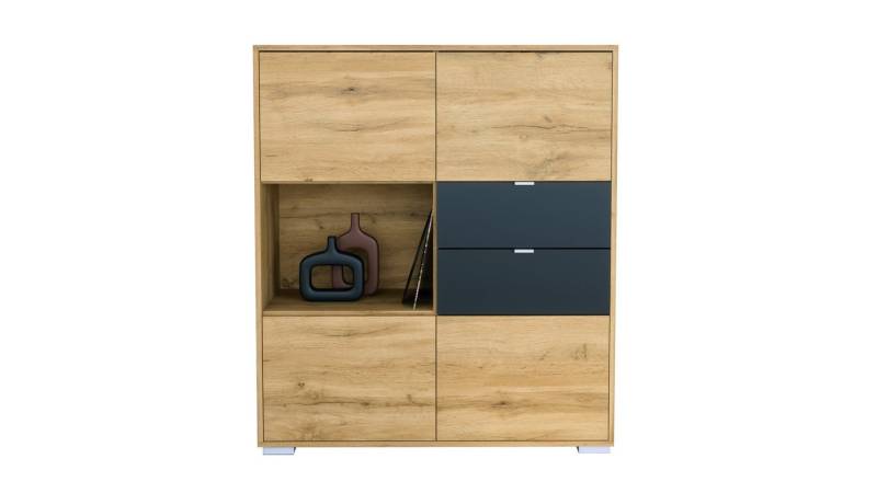 Vladon Highboard Milano V1 (Highboard mit 4 Tür Eiche Evoke, 2 Schubladen Schwarz matt, Made in Germany), Korpus Eiche Evoke (103 x 118 x 37 cm) von Vladon