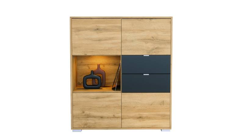 Vladon Highboard Milano V1 (Highboard mit 4 Tür Eiche Evoke, 2 Schubladen Schwarz matt, inkl. LED, Made in Germany), Korpus Eiche Evoke (103 x 118 x 37 cm) von Vladon