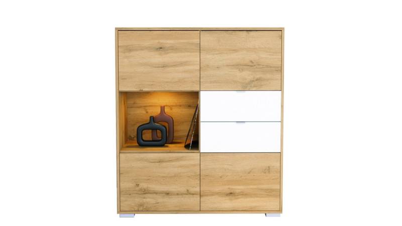 Vladon Highboard Milano V1 (Highboard mit 4 Tür Eiche Evoke, 2 Schubladen Weiß matt, inkl. LED, Made in Germany), Korpus Eiche Evoke (103 x 118 x 37 cm) von Vladon