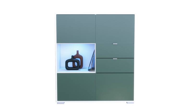 Vladon Highboard Milano V1 (Highboard mit 4 Tür Fjord Grün, 2 Schubladen Fjord Grün, inkl. LED, Made in Germany), Korpus Weiß matt (103 x 118 x 37 cm) von Vladon