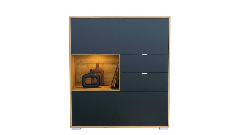 Vladon Highboard Milano V1 (Highboard mit 4 Tür Schwarz matt, 2 Schubladen Schwarz matt, inkl. LED, Made in Germany), Korpus Eiche Evoke (103 x 118 x 37 cm) von Vladon