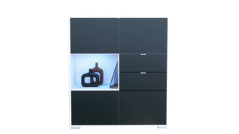 Vladon Highboard Milano V1 (Highboard mit 4 Tür Schwarz matt, 2 Schubladen Schwarz matt, inkl. LED, Made in Germany), Korpus Weiß matt (103 x 118 x 37 cm) von Vladon