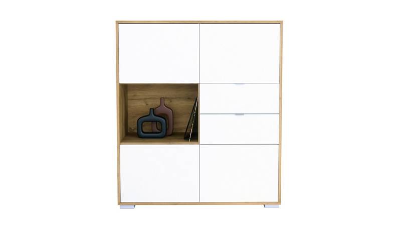 Vladon Highboard Milano V1 (Highboard mit 4 Tür Weiß matt, 2 Schubladen Weiß matt, Made in Germany), Korpus Eiche Evoke (103 x 118 x 37 cm) von Vladon