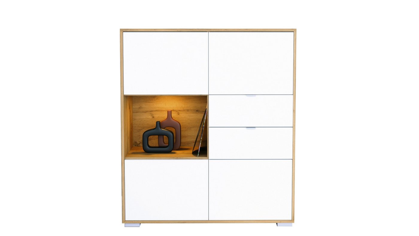 Vladon Highboard Milano V1 (Highboard mit 4 Tür Weiß matt, 2 Schubladen Weiß matt, inkl. LED, Made in Germany), Korpus Eiche Evoke (103 x 118 x 37 cm) von Vladon