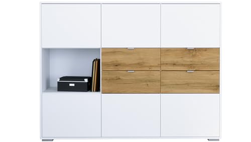 Vladon Highboard Milano V2, Sideboard mit 6 Türen Weiß matt und 4 Schubladen Eiche Evoke, Made in Germany, Korpus Weiß matt (152,5 x 118x 37 cm) von Vladon