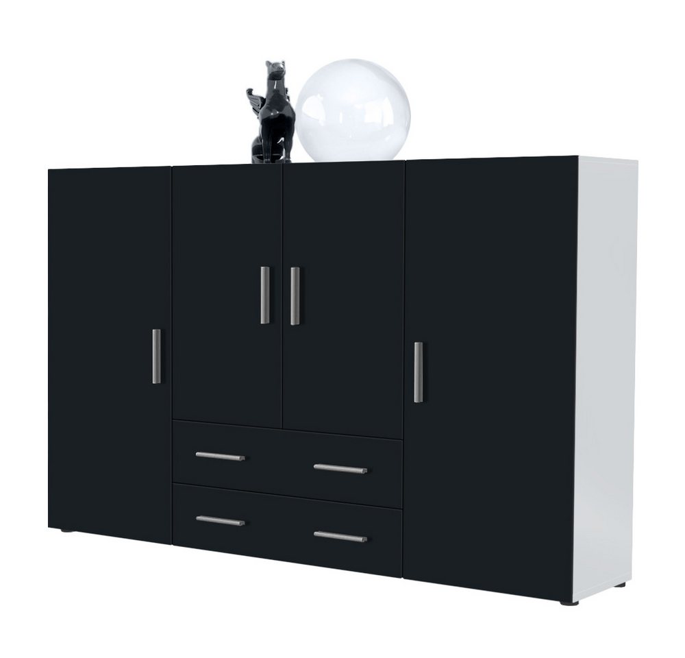 Vladon Highboard Nora (Anrichte mit 2 Schubladen, und 4 Türen mit insgesamt 8 Fächer dahinter), Weiß matt/Schwarz matt (166,5 x 106,5 x 35 cm) von Vladon