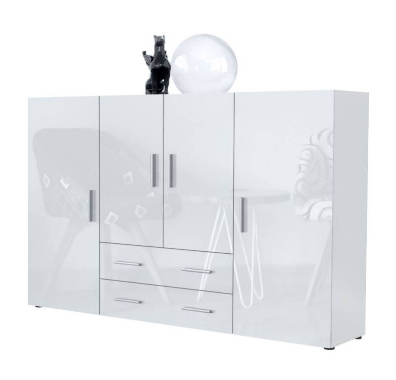 Vladon Highboard Nora (Anrichte mit 2 Schubladen, und 4 Türen mit insgesamt 8 Fächer dahinter), Weiß matt/Weiß Hochglanz (166,5 x 106,5 x 35 cm) von Vladon