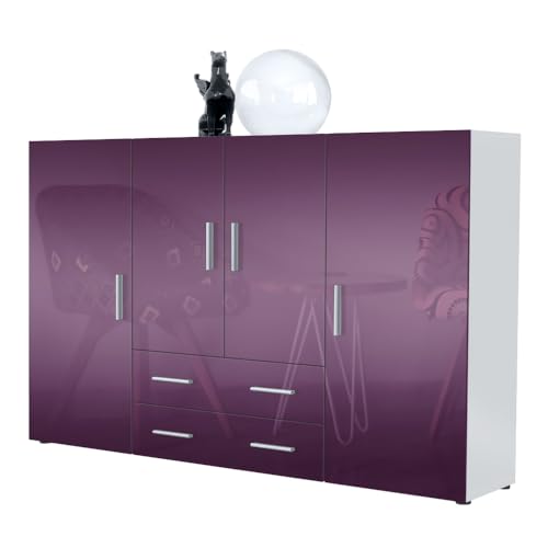 Vladon Highboard Nora Anrichte mit 2 Schubladen und 4 Türen mit insgesamt 8 Fächer dahinter, Weiß matt/Brombeer Hochglanz (166,5 x 106,5 x 35 cm) von Vladon