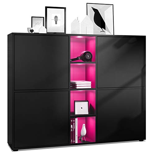 Vladon Highboard Cuba V3, Made in Germany, Schwarz matt/Schwarz matt inkl. LED - Moderne Anrichte mit 12 Fächern (130,5 x 105,5 x 35,5 cm) von Vladon