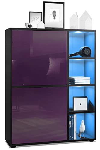 Vladon Highboard Schrank Anrichte Cuba mit 8 Fächern, Made in Germany, Korpus in Schwarz matt/Fronten in Brombeer Hochglanz, mit RGB LED Beleuchtung von Vladon