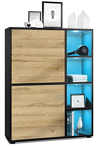 Vladon Highboard Schrank Anrichte Cuba mit 8 Fächern, Made in Germany, Korpus in Schwarz matt/Fronten in Eiche Natur, mit RGB LED Beleuchtung von Vladon